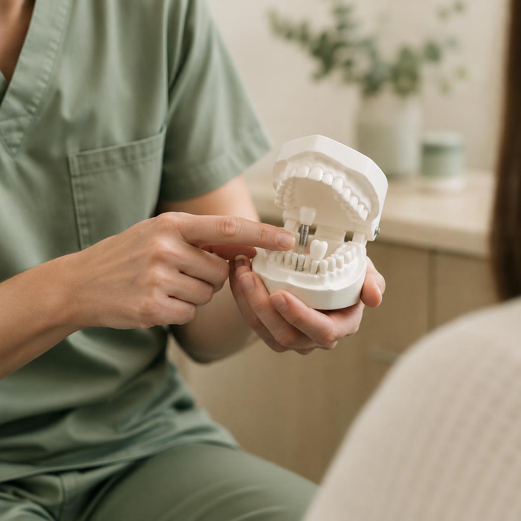Illustrative image: a dentist using a model to explain how an implant sits in the jaw